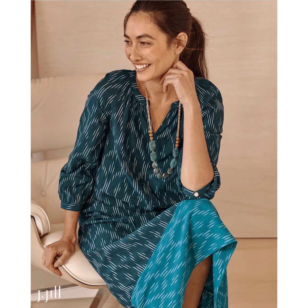 Pure Jill J. Jill Teal Blue Ikat Print Cotton Maxi Dress 2X Plus Size Boho
